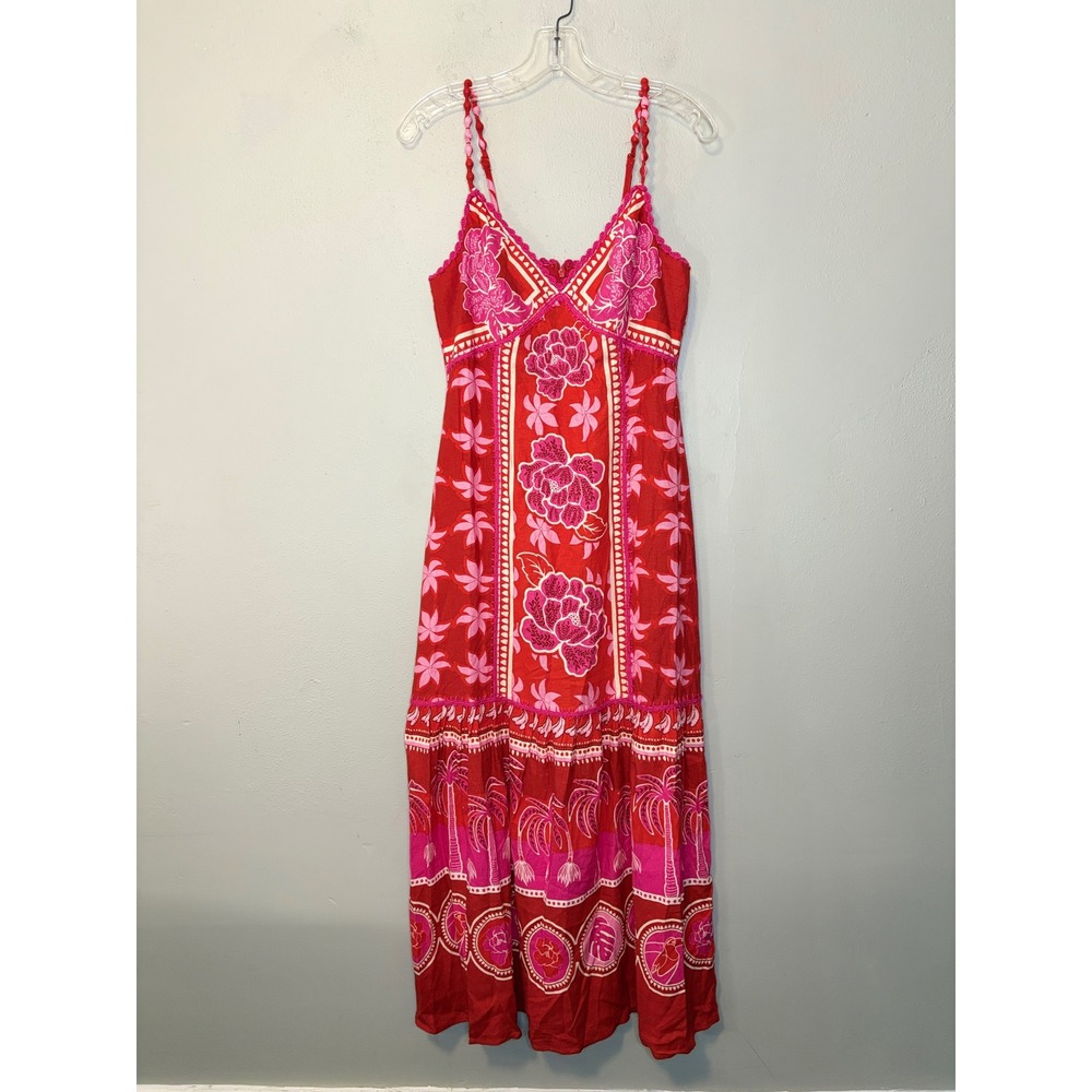 Caroline Constas Dress S Red Tropical Floral Linen Blend Maxi Sundress Resort